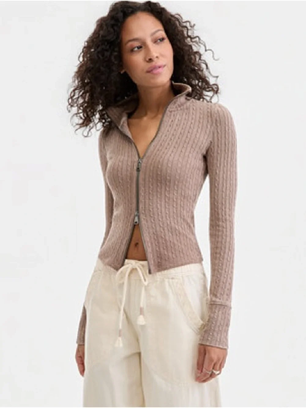 Free People Brunch Girl Up Zip Up in Dusted Cocoa S